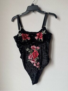 Black Velvet Floral Embroidered Bodysuit - Women Intimates